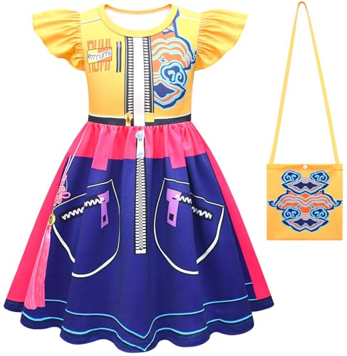 Kolegrial Mädchen Anime Dämon Jäger Kostüm Fasching Cosplay Anime Dämon Jäger Rumi Mira Zoey Drucke Rüschenärmel Kleid und Tasche für Kinder Karneval Halloween Party Fest Verkleidung, 3-12 Jahre von Kolegrial