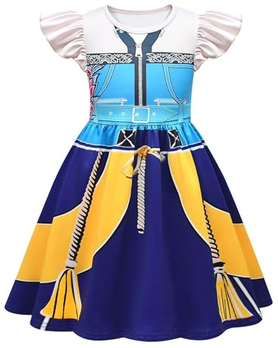 Kolegrial Mädchen Anime Dämon Jäger Kostüm Fasching Cosplay Anime Dämon Jäger Rumi Mira Zoey Drucke Rüschenärmel Kleid und Tasche für Kinder Karneval Halloween Party Fest Verkleidung, 3-12 Jahre von Kolegrial