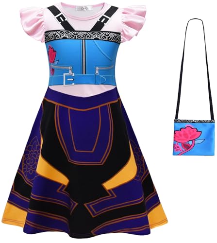 Kolegrial Mädchen Anime Dämon Jäger Kostüm Fasching Cosplay Anime Dämon Jäger Rumi Mira Zoey Drucke Rüschenärmel Kleid und Tasche für Kinder Karneval Halloween Party Fest Verkleidung, 4-9 Jahre von Kolegrial