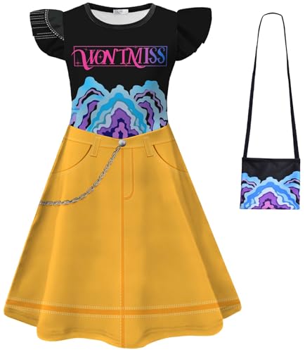 Kolegrial Mädchen Anime Dämon Jäger Kostüm Fasching Cosplay Anime Dämon Jäger Rumi Mira Zoey Drucke Rüschenärmel Kleid und Tasche für Kinder Karneval Halloween Party Fest Verkleidung, 4-9 Jahre von Kolegrial