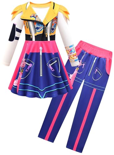 Kolegrial Mädchen Anime Dämon Jäger Kostüm Fasching Cosplay Anime Dämon Jäger Rumi Mira Zoey Langarm Drucke Kleid und Hose Tasche für Kinder Karneval Halloween Party Fest Verkleidung von Kolegrial