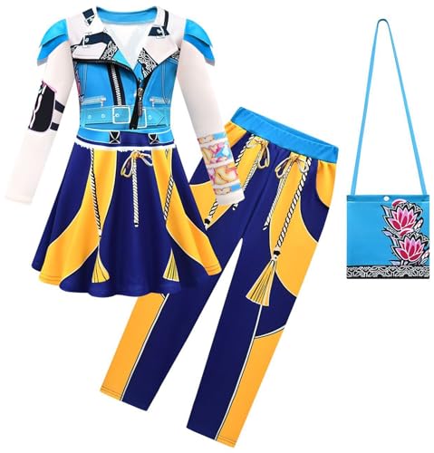 Kolegrial Mädchen Anime Dämon Jäger Kostüm Fasching Cosplay Anime Dämon Jäger Rumi Mira Zoey Langarm Drucke Kleid und Hose Tasche für Kinder Karneval Halloween Party Fest Verkleidung von Kolegrial