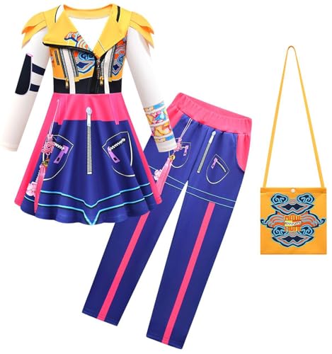 Kolegrial Mädchen KPop Demon Hunters Kostüm Fasching Cosplay KPop Demon Hunters Rumi Mira Zoey Langarm Drucke Kleid und Hose Tasche für Kinder Karneval Halloween Party Fest Verkleidung von Kolegrial