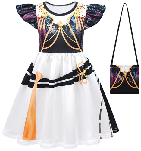 Kolegrial Mädchen Anime Dämon Jäger Kostüm Fasching Cosplay Anime Dämon Jäger Rumi Mira Zoey Show Dance Drucke Rüschenärmel Kleid und Tasche für Karneval Halloween Party Fest Verkleidung, 3-12 Jahre von Kolegrial