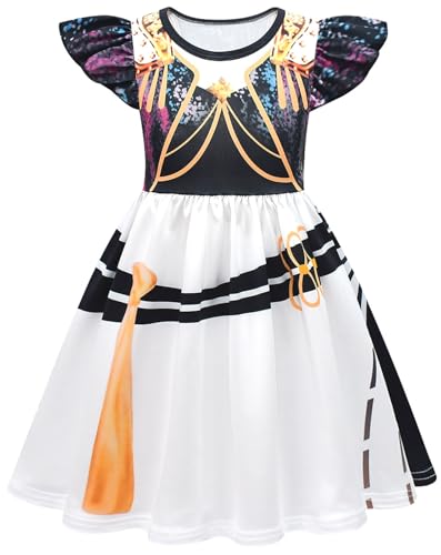 Kolegrial Mädchen Anime Dämon Jäger Kostüm Fasching Cosplay Anime Dämon Jäger Rumi Mira Zoey Show Dance Drucke Rüschenärmel Kleid und Tasche für Karneval Halloween Party Fest Verkleidung, 3-12 Jahre von Kolegrial