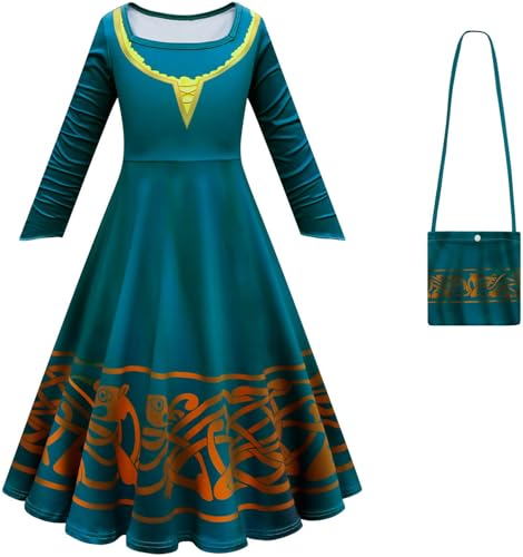 Kolegrial Mädchen Merida Kostüm Fasching Cosplay Tapfer Prinzessin Merida Langarm Kleid mit Tasche und Umhang für Fancy Dress Up Karneval Halloween Party Geburtstag Maskenball Fest Verkleidung von Kolegrial