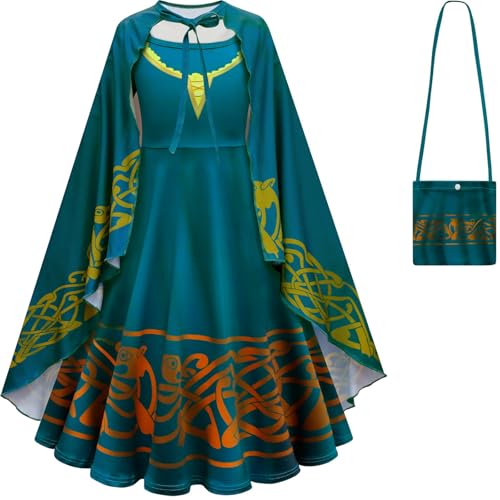 Kolegrial Mädchen Merida Kostüm Fasching Cosplay Tapfer Prinzessin Merida Langarm Kleid mit Tasche und Umhang für Fancy Dress Up Karneval Halloween Party Geburtstag Maskenball Fest Verkleidung von Kolegrial