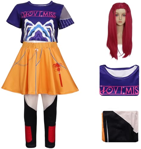 Kolegrial Mädchen Mira Kostüm Fasching Cosplay KPop Demon Hunters Mira Drucke Anzug Oberteil Hose und Perücke für Kinder Halloween Karneval Party Fest Verkleidung von Kolegrial