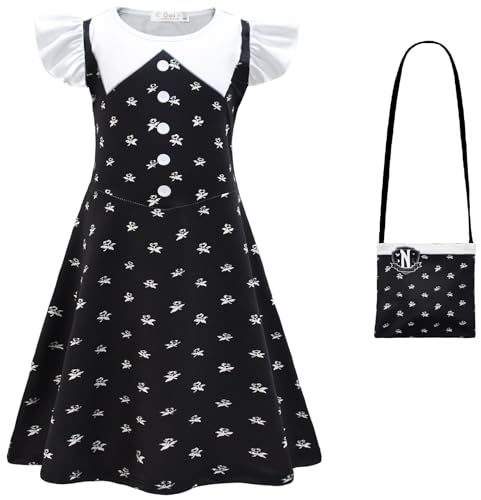 Kolegrial Mädchen Mittwoch Kostüm Fasching Cosplay Season 2 Mittwoch Gothic Druck Ballerina Prinzessinnenkleid und Taschen für Karneval Halloween Party Fest Ballkleid Verkleidung, 3-8 Jahre von Kolegrial
