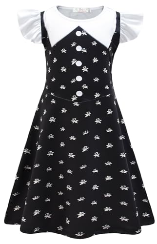 Kolegrial Mädchen Mittwoch Kostüm Fasching Cosplay Season 2 Mittwoch Gothic Druck Ballerina Prinzessinnenkleid und Taschen für Karneval Halloween Party Fest Ballkleid Verkleidung, 3-8 Jahre von Kolegrial