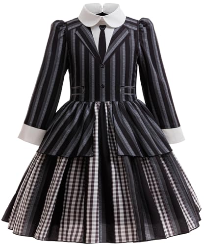 Kolegrial Mädchen Nevermore Academy Kostüm Fasching Cosplay Mittwoch 2 Schwarz Schuluniform Streifen Kleider und Perücken für Kinder Karneval Halloween Party Fest Ballkleid Verkleidung, 4-12 Jahre von Kolegrial