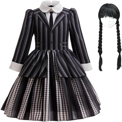 Kolegrial Mädchen Nevermore Academy Kostüm Fasching Cosplay Mittwoch 2 Schwarz Schuluniform Streifen Kleider und Perücken für Kinder Karneval Halloween Party Fest Ballkleid Verkleidung, 4-12 Jahre von Kolegrial