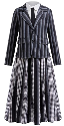Kolegrial Mädchen Nevermore Academy Kostüm Fasching Cosplay Mittwoch 2 Schwarz Streifen Schuluniform Jacke Bluse Rock und Perücken für Karneval Halloween Party Maskenball Fest Verkleidung, 4-12 Jahre von Kolegrial