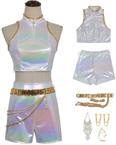 Kolegrial Mädchen Rumi Kostüm Fasching Cosplay Anime Dämonenjäger Rumi Weiß Dance Performance Show Uniform Set Top Hose Gürtel mit Ohrringe für Karneval Halloween Party Maskenball Fest Verkleidung von Kolegrial