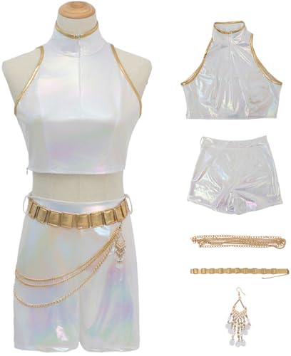 Kolegrial Mädchen Rumi Kostüm Fasching Cosplay Anime Dämonenjäger Rumi Weiß Dance Performance Show Uniform Set Top Hose mit Gürtel für Karneval Halloween Party Maskenball Fest Verkleidung von Kolegrial