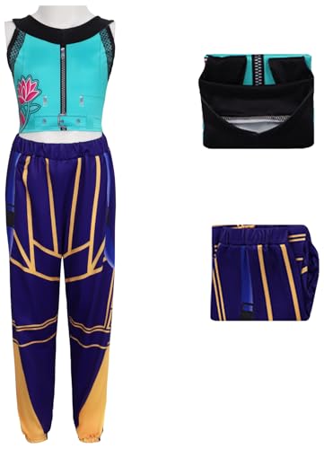 Kolegrial Mädchen Zoey Kostüm Fasching Cosplay KPop Demon Hunters Zoey Drucke Anzug Oberteil Hose und Perücke für Kinder Halloween Karneval Party Fest Verkleidung von Kolegrial
