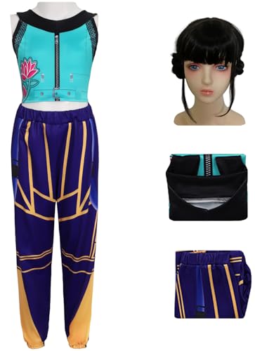 Kolegrial Mädchen Zoey Kostüm Fasching Cosplay KPop Demon Hunters Zoey Drucke Anzug Oberteil Hose und Perücke für Kinder Halloween Karneval Party Fest Verkleidung von Kolegrial