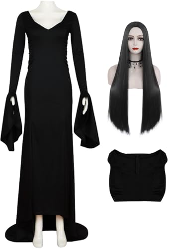 Kolegrial Morticia Kostüm Damen Fasching Cosplay Mittwoch Mama Morticia Gothic Vintage Lang Abendkleider und Perücken für Karneval Halloween Party Maskenball Fest Ballkleid Verkleidung, Schwarz von Kolegrial