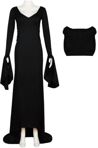 Kolegrial Morticia Kostüm Damen Fasching Cosplay Mittwoch Mama Morticia Gothic Vintage Lang Abendkleider und Perücken für Karneval Halloween Party Maskenball Fest Ballkleid Verkleidung, Schwarz von Kolegrial