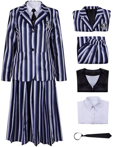 Kolegrial Morticia Kostüm Damen Fasching Cosplay Season 2 Nevermore Academy Streifen Schuluniform Set Jacke Weste Hemd Rock Krawatte für Karneval Halloween Party Maskenball Fest Verkleidung, Schwarz von Kolegrial