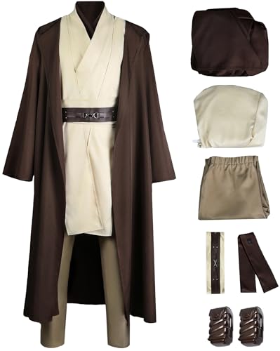 Kolegrial Obi Wan Kostüm Herren Fasching Cosplay Star 3 Jedi Master Obi Wan Komplett Uniform Set mit Zubehör Set Fancy Dress Up für Karneval Halloween Party Geburtstag Maskenball Fest Verkleidung von Kolegrial