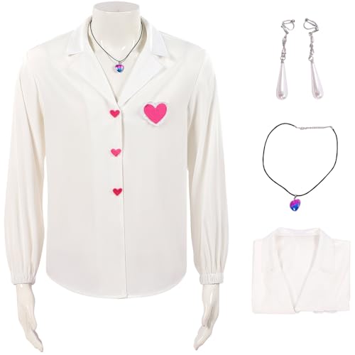 Kolegrial Romance Kostüm Herren Fasching Cosplay Anime Dämon Sajaboys Romance Weiß Langarm Hemd mit Halskette Ohrringe und Perücke für Karneval Halloween Party Maskenball Fest Verkleidung von Kolegrial