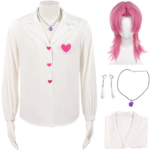 Kolegrial Romance Kostüm Herren Fasching Cosplay Anime Dämon Sajaboys Romance Weiß Langarm Hemd mit Halskette Ohrringe und Perücke für Karneval Halloween Party Maskenball Fest Verkleidung von Kolegrial