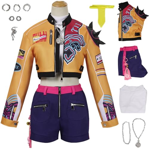 Kolegrial Rumi Kostüm Damen Fasching Cosplay Anime Dämonenjäger Rumi Uniform Set mit Halskette Ohrringe Ring für Karneval Halloween Party Maskenball Fest Verkleidung von Kolegrial