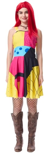 Kolegrial Sally Kostüm Damen Fasching Cosplay Christmas Eve Sally Drucke Trägerkleid mit Halskette Socken und Perücke für Weihnachten Karneval Halloween Party Maskenball Fest Ballkleid Verkleidung von Kolegrial