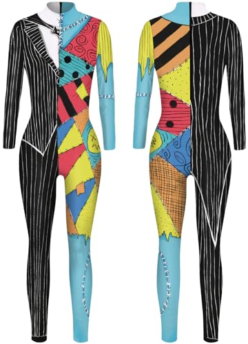 Kolegrial Sally Kostüm Damen Fasching Cosplay Christmas Eve Sally Gothic Aufnäher Drucke Langarm Jumpsuits für Fancy Dress Up Karneval Halloween Party Maskenball Fest Verkleidung von Kolegrial