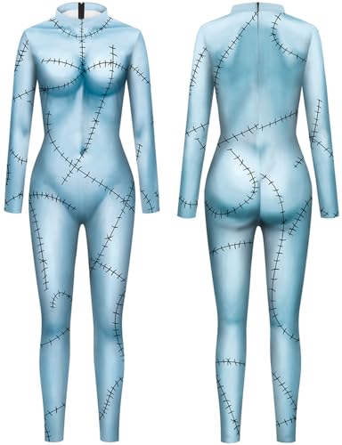 Kolegrial Sally Kostüm Damen Fasching Cosplay Christmas Eve Sally Gothic Aufnäher Drucke Langarm Jumpsuits für Karneval Halloween Party Maskenball Fest Verkleidung von Kolegrial