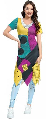 Kolegrial Sally Kostüm Damen Fasching Cosplay Christmas Eve Sally Gothic Drucke Kleid und Hosen Set für Karneval Halloween Party Maskenball Fest Verkleidung von Kolegrial
