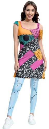 Kolegrial Sally Kostüm Damen Fasching Cosplay Christmas Eve Sally Gothic Drucke Kleid und Hosen für Karneval Halloween Party Maskenball Fest Verkleidung von Kolegrial