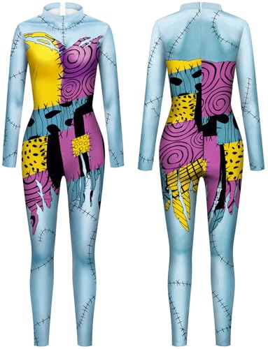 Kolegrial Sally Kostüm Damen Fasching Cosplay Christmas Eve Sally Gothic Drucke Langarm Jumpsuits für Karneval Halloween Party Maskenball Fest Verkleidung von Kolegrial
