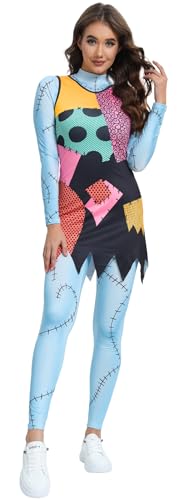 Kolegrial Sally Kostüm Damen Fasching Cosplay Christmas Eve Sally Gothic Drucke Langarm Jumpsuits und Kleid für Karneval Halloween Party Maskenball Fest Verkleidung von Kolegrial