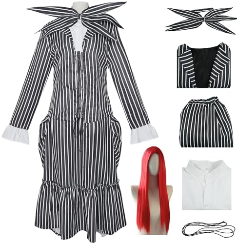 Kolegrial Sally Kostüm Damen Fasching Cosplay Christmas Eve Sally Gothic Vintage Streifen Set Jacke Bluse Rock Fliege und Perücke für Karneval Halloween Party Maskenball Fest Ballkleid Verkleidung von Kolegrial