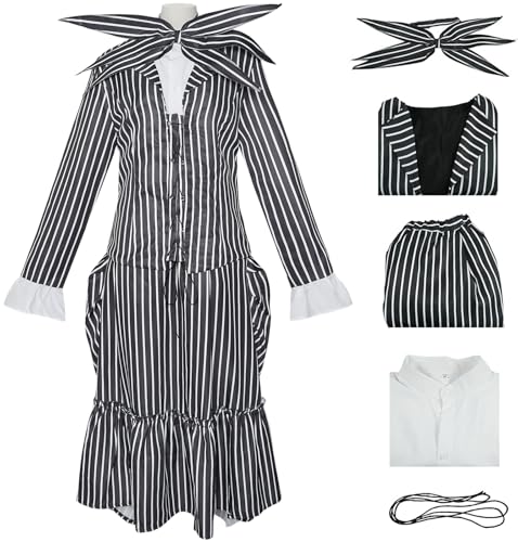 Kolegrial Sally Kostüm Damen Fasching Cosplay Christmas Eve Sally Gothic Vintage Streifen Set Jacke Bluse Rock Fliege und Perücke für Karneval Halloween Party Maskenball Fest Ballkleid Verkleidung von Kolegrial