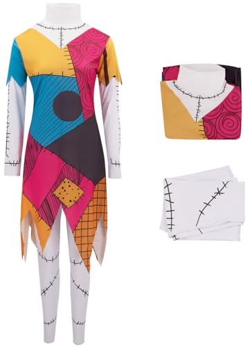 Kolegrial Sally Kostüm Damen Fasching Cosplay Christmas Eve Sally Langarm Drucke Kleid und Hose mit Perücke für Weihnachten Karneval Halloween Party Maskenball Fest Ballkleid Verkleidung von Kolegrial