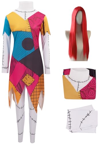 Kolegrial Sally Kostüm Damen Fasching Cosplay Christmas Eve Sally Langarm Drucke Kleid und Hose mit Perücke für Weihnachten Karneval Halloween Party Maskenball Fest Ballkleid Verkleidung von Kolegrial