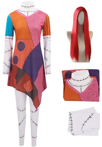 Kolegrial Sally Kostüm Damen Fasching Cosplay Christmas Eve Sally Langarm Drucke Kleid und Hose mit Perücke für Weihnachten Karneval Halloween Party Maskenball Fest Ballkleid Verkleidung von Kolegrial