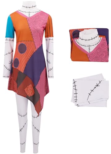 Kolegrial Sally Kostüm Damen Fasching Cosplay Christmas Eve Sally Langarm Drucke Kleid und Hose mit Perücke für Weihnachten Karneval Halloween Party Maskenball Fest Ballkleid Verkleidung von Kolegrial