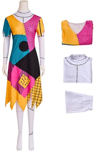 Kolegrial Sally Kostüm Damen Fasching Cosplay Christmas Eve Sally Outfit Set Drucke Kleid Top Hose und Perücke für Karneval Halloween Party Geburtstag Maskenball Fest Verkleidung von Kolegrial