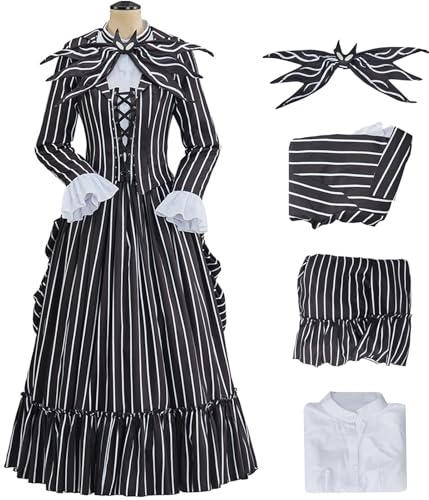 Kolegrial Sally Kostüm Damen Fasching Cosplay Christmas Eve Skelett Braut Sally Gothic Vintage Streifen Set Jacke Top Rock Fliege für Karneval Halloween Party Maskenball Fest Ballkleid Verkleidung von Kolegrial