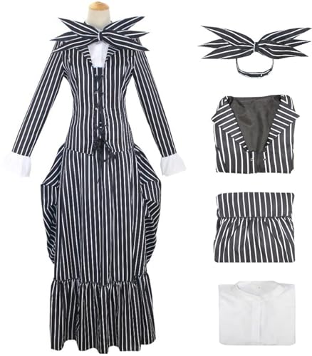 Kolegrial Sally Kostüm Damen Fasching Cosplay Christmas Eve Skelett Braut Sally Gothic Vintage Streifen Set Jacke Top Rock mit Fliege für Karneval Halloween Party Maskenball Fest Ballkleid Verkleidung von Kolegrial