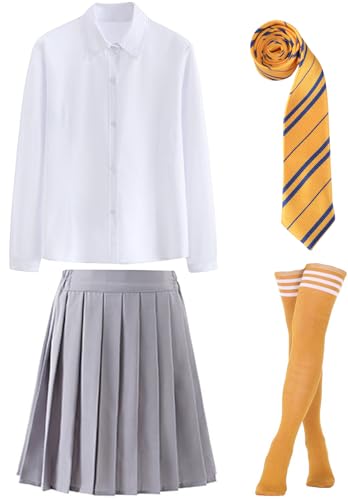 Kolegrial Zauberer Kostüm Damen Fasching Cosplay Zauberer Schuluniformen Bluse Rock Krawatte Socken JK Set 4 Stück für Karneval Halloween Party Maskenball Fest Verkleidung, Blau/Grün/Rot/Gelb von Kolegrial