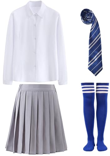Kolegrial Zauberer Kostüm Damen Fasching Cosplay Zauberer Schuluniformen Bluse Rock Krawatte Socken JK Set 4 Stück für Karneval Halloween Party Maskenball Fest Verkleidung, Blau/Grün/Rot/Gelb von Kolegrial