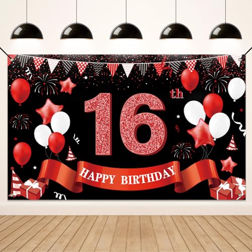 Koliphy 16. Geburtstag Deko, 16. Happy Birthday Banner für Jungen Mädchen, Schwarz Rot Stoff 16 Geburtstagsbanner Hintergrund Party Dekoration Drinnen und Draußen von Koliphy