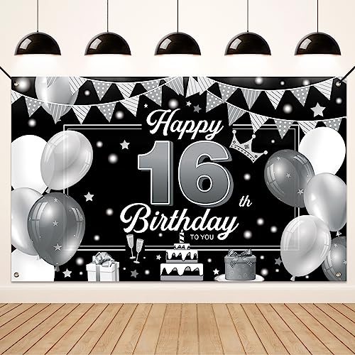 Koliphy 16. Geburtstag Deko, 16. Happy Birthday Banner für Jungen Mädchen, Silber Schwarz Stoff 16 Geburtstagsbanner Hintergrund Party Dekoration Drinnen und Draußen von Koliphy