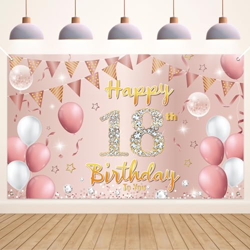 Koliphy 18. Geburtstag Deko, 18. Happy Birthday Banner für Jungen Mädchen, Rose Gold Stoff 18 Geburtstagsbanner Hintergrund Party Dekoration Drinnen und Draußen von Koliphy