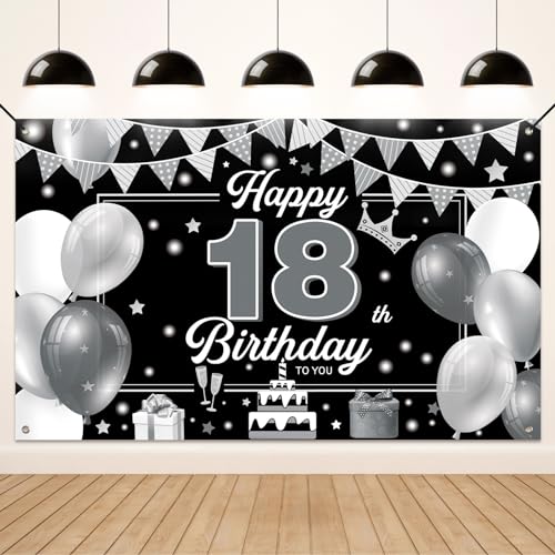 Koliphy 18. Geburtstag Deko, 18. Happy Birthday Banner für Jungen Mädchen, Silber Schwarz Stoff 18 Geburtstagsbanner Hintergrund Party Dekoration Drinnen und Draußen von Koliphy